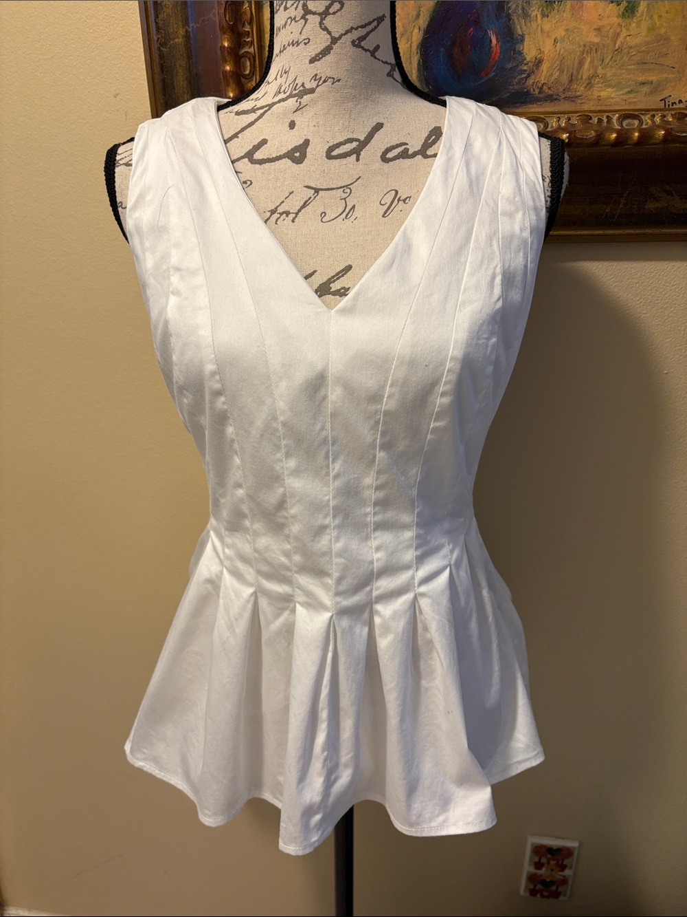 Etcetera Pleated Panel V-Neck Peplum Lined Back zipper cotton spandex Top
